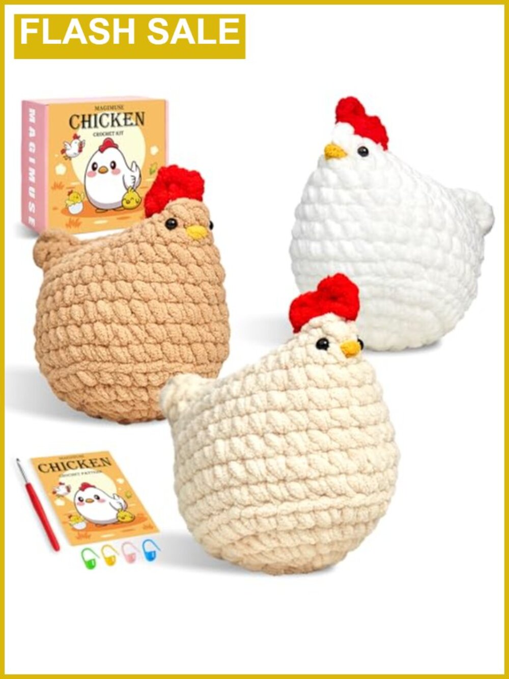 MAGIMUSE Crochet Kit for Beginners 3 Chicken Amigurumi Craft Kit with Yarn Hook